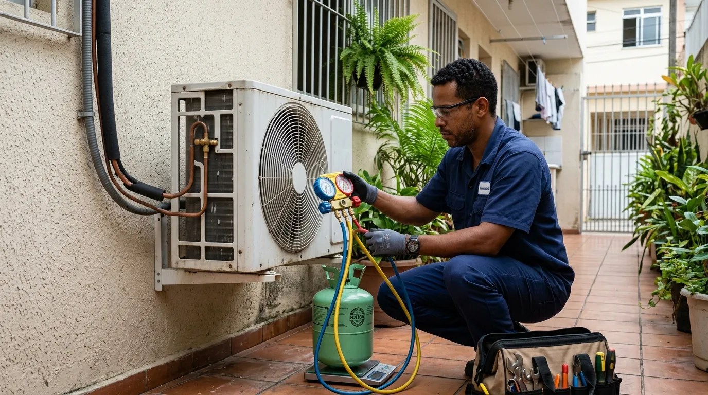 Técnico fazendo carga de gás na condensadora do ar-condicionado em Florianópolis‑SC