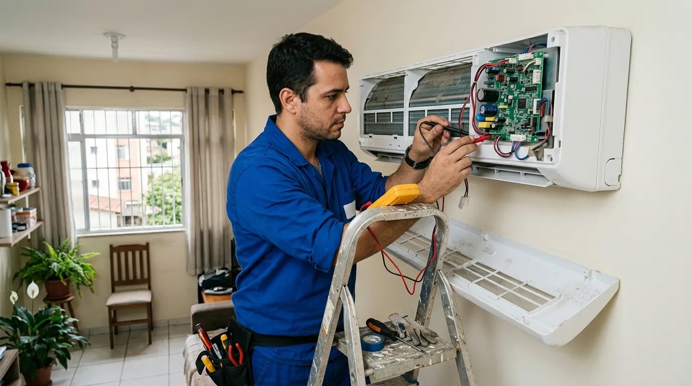 Técnico trocando a placa eletrônica de ar-condicionado split em Florianópolis‑SC