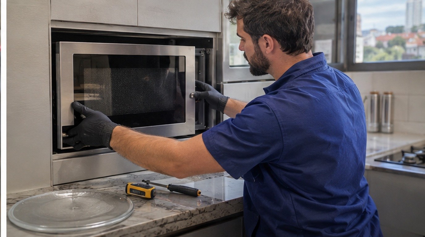 Conserto de micro-ondas de embutir em Florianópolis‑SC: técnico encaixando o aparelho no armário