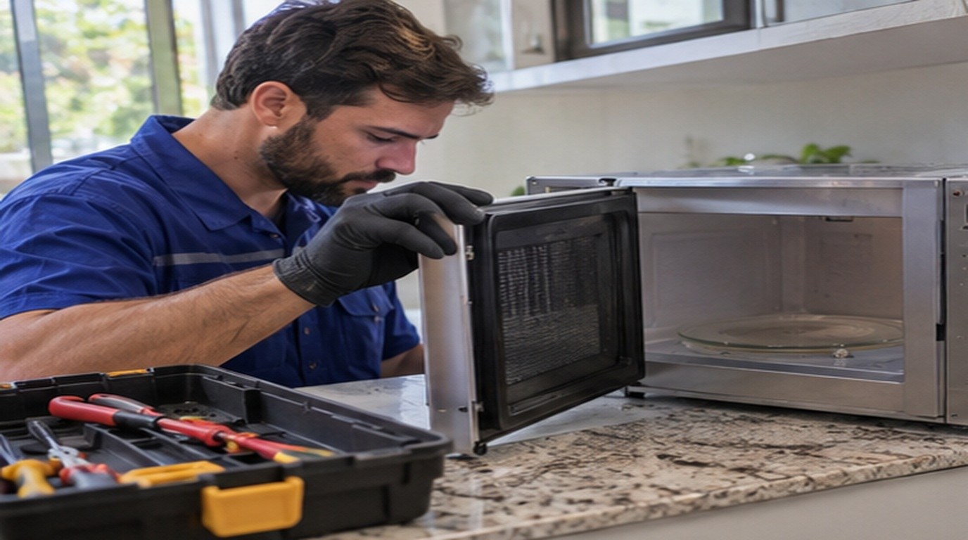 Conserto de micro-ondas em Florianópolis‑SC: técnico abrindo um micro-ondas de bancada