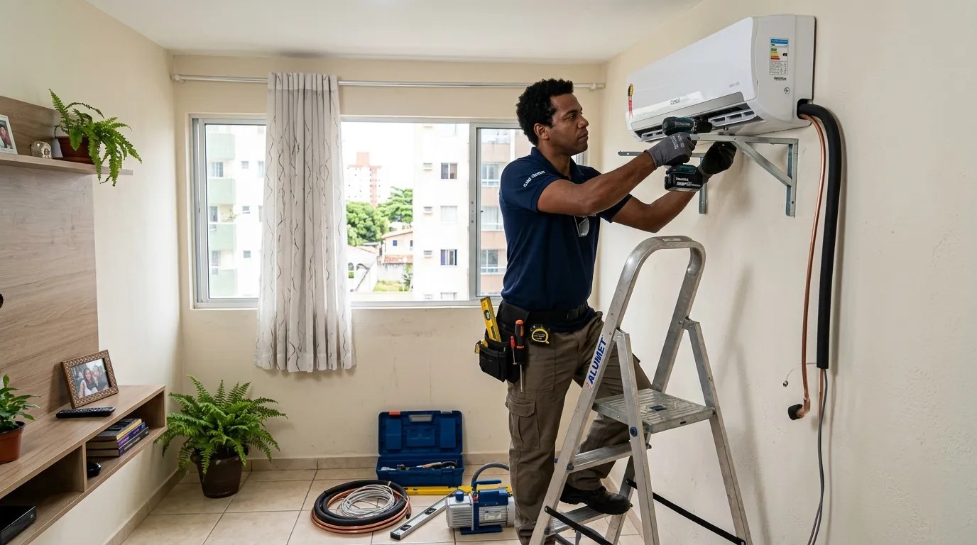 Técnico instalando ar-condicionado split em residência em Florianópolis‑SC