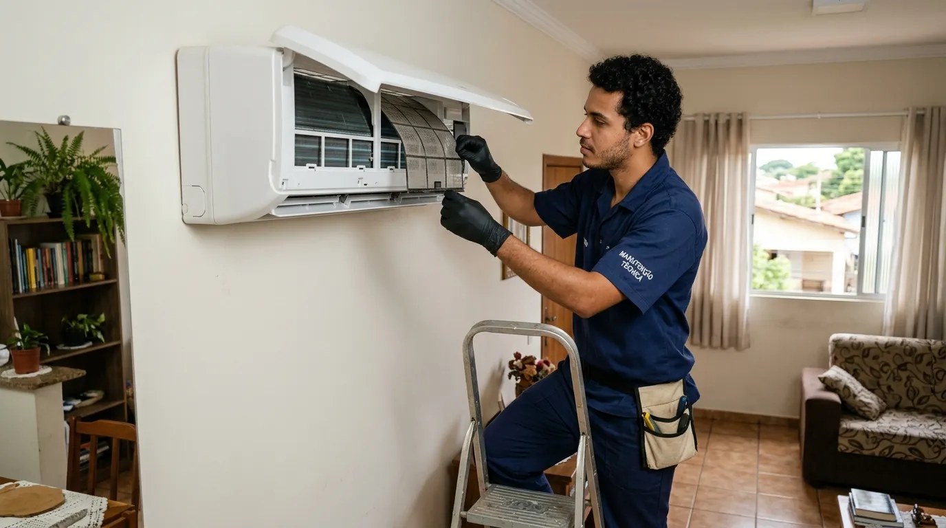 Técnico fazendo limpeza e higienização de ar-condicionado split em Florianópolis‑SC