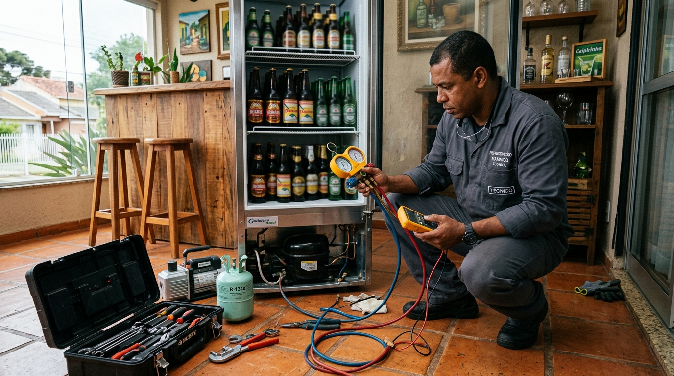 Técnico revisando o motor de uma cervejeira durante chamado em Florianópolis‑SC