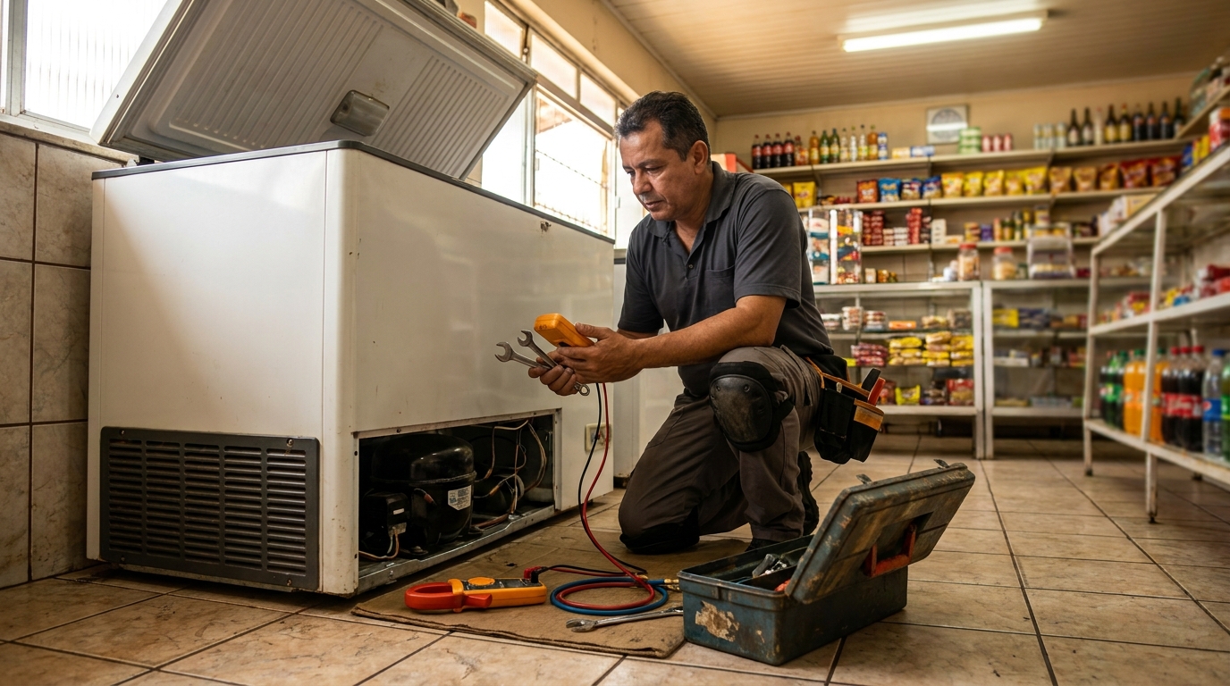 Técnico reparando o motor de um freezer horizontal em Florianópolis‑SC