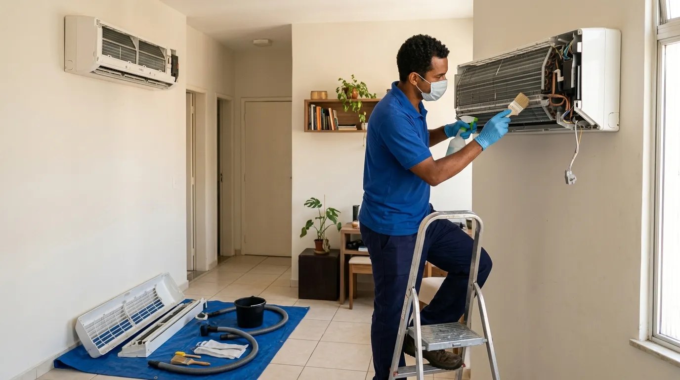 Técnico fazendo manutenção de ar-condicionado split em Florianópolis‑SC