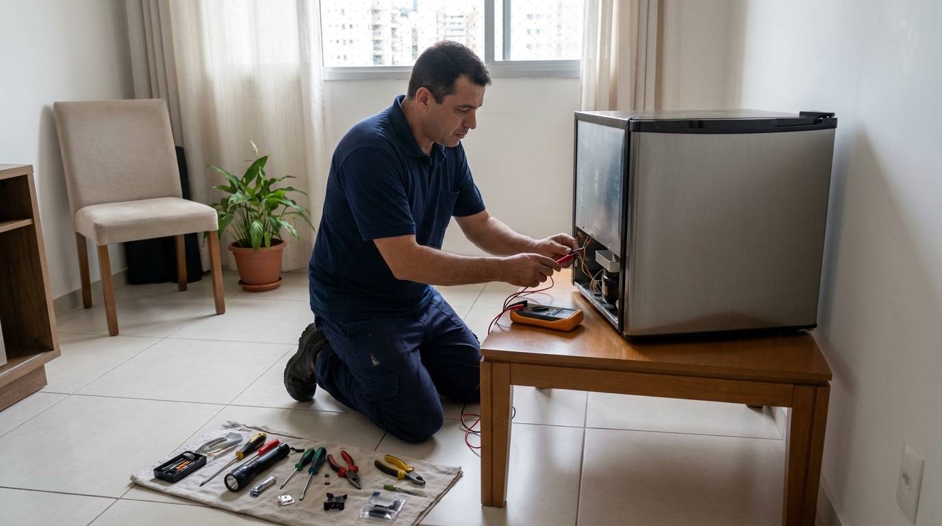 Técnico avaliando um frigobar compacto durante atendimento em Florianópolis‑SC